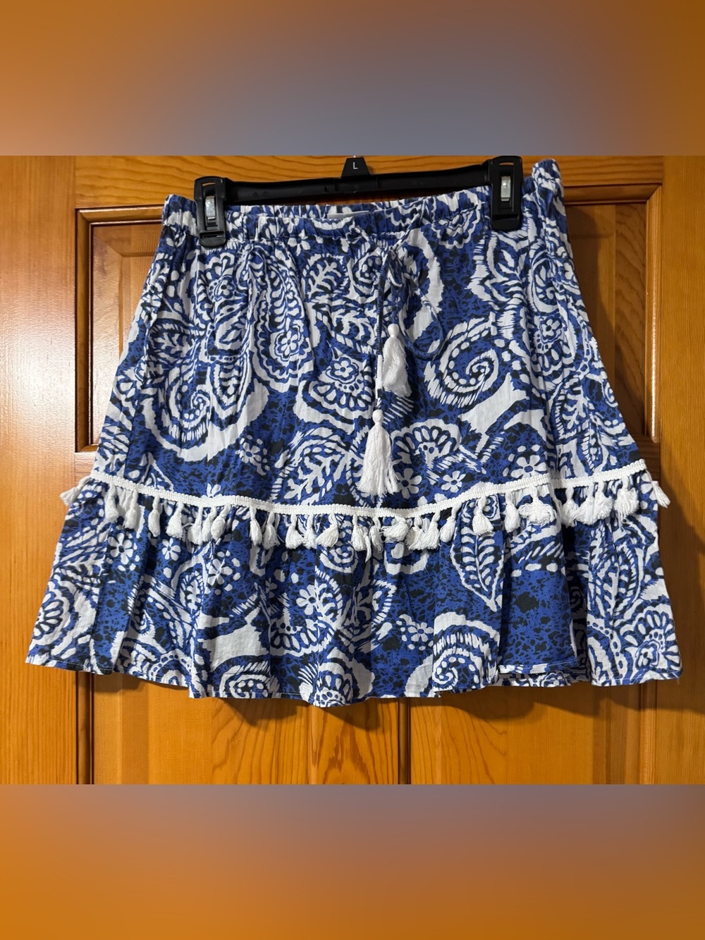 Dotti Blue and White Tassel-Trim Printed Mini Skirt
